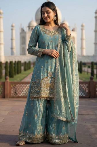 Aqua blue eid special heavy work palazzo suit set with dupatta