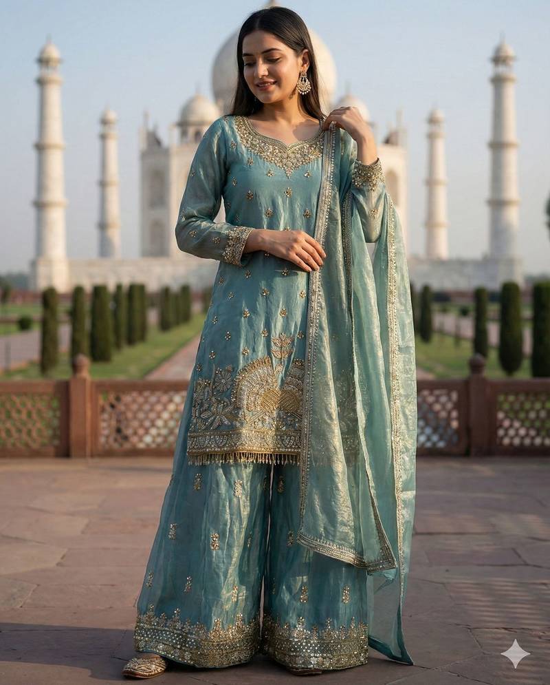 Aqua blue eid special heavy work palazzo suit set with dupatta