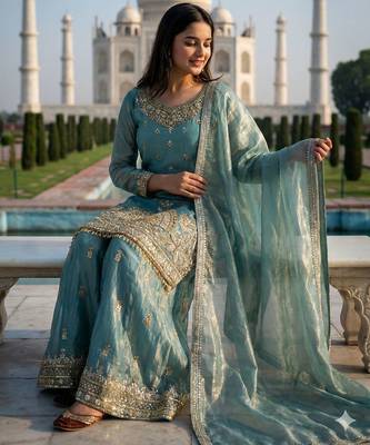 Aqua blue eid special heavy work palazzo suit set with dupatta 2