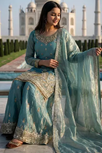 Aqua blue eid special heavy work palazzo suit set with dupatta