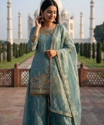 Aqua blue eid special heavy work palazzo suit set with dupatta 3