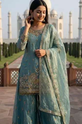 Aqua blue eid special heavy work palazzo suit set with dupatta