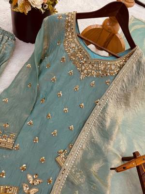 Aqua blue eid special heavy work palazzo suit set with dupatta 4