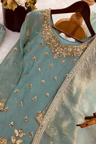 Aqua blue eid special heavy work palazzo suit set with dupatta