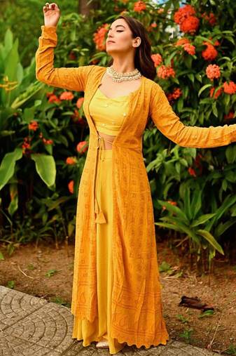 mustard haldi lehenga choli set with embroidered jacket