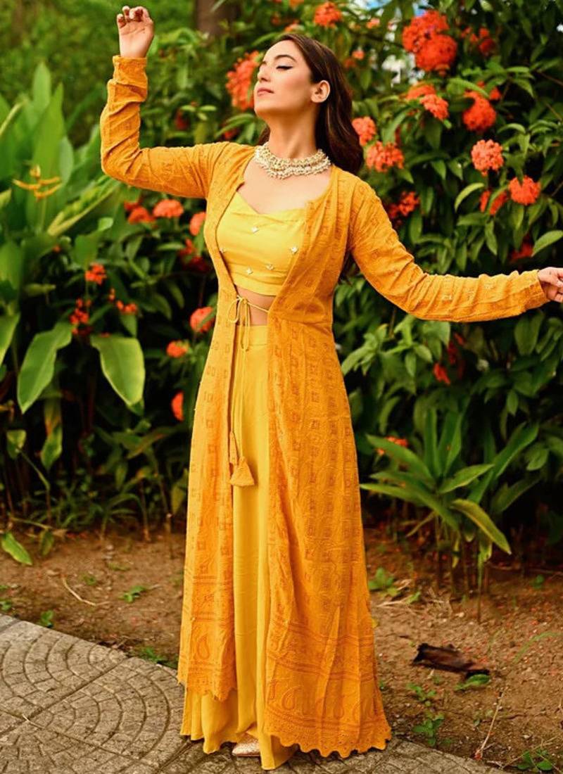 mustard haldi lehenga choli set with embroidered jacket