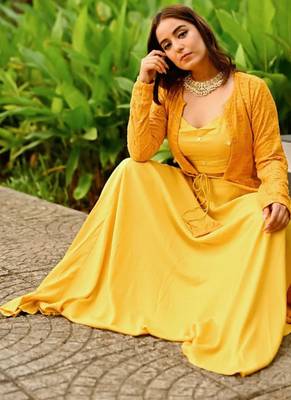 mustard haldi lehenga choli set with embroidered jacket 3