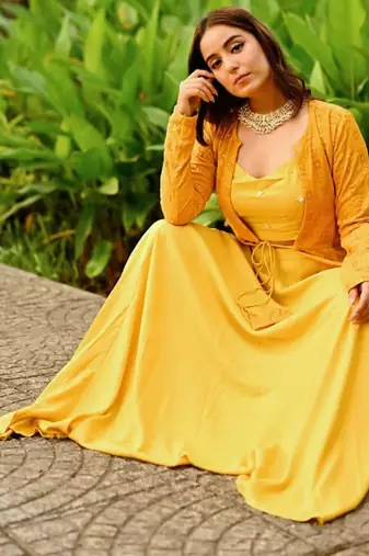 mustard haldi lehenga choli set with embroidered jacket
