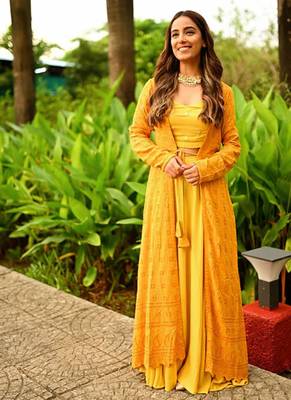 mustard haldi lehenga choli set with embroidered jacket 4