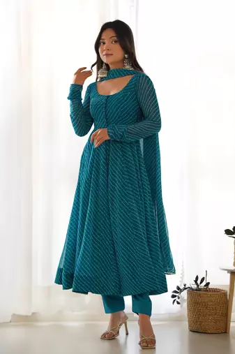 Women faux georgette leheriya print fully flair anrkali ,pant with dupatta