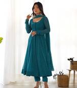 Women faux georgette leheriya print fully flair anrkali ,pant with dupatta