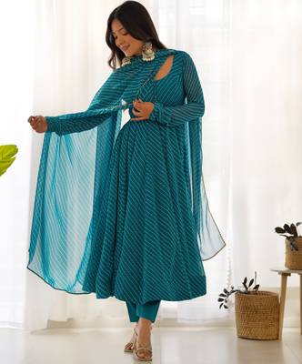 Women faux georgette leheriya print fully flair anrkali ,pant with dupatta 4