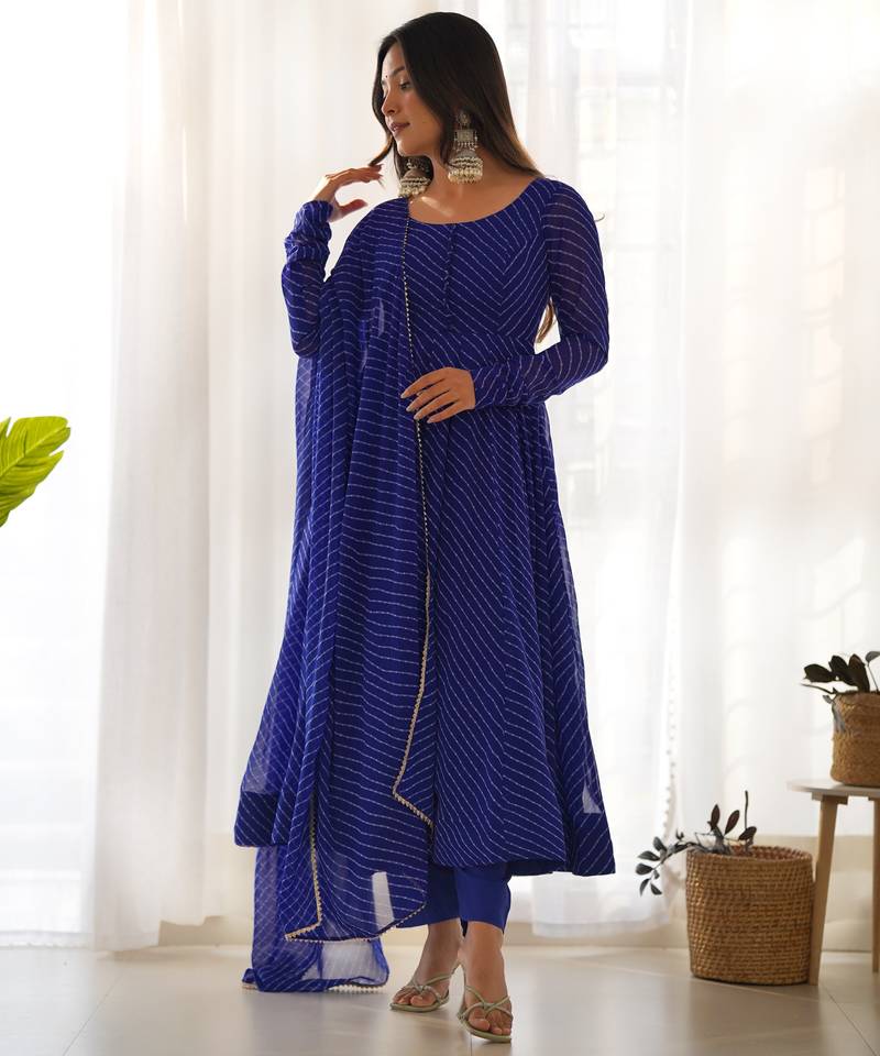 Women faux georgette leheriya print fully flair anrkali ,pant with dupatta