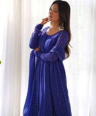 Women faux georgette leheriya print fully flair anrkali ,pant with dupatta 4
