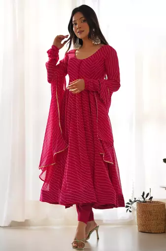 Women faux georgette leheriya print fully flair anrkali ,pant with dupatta