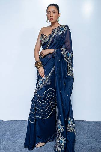 Midnight blue embroidered luxe crepe saree