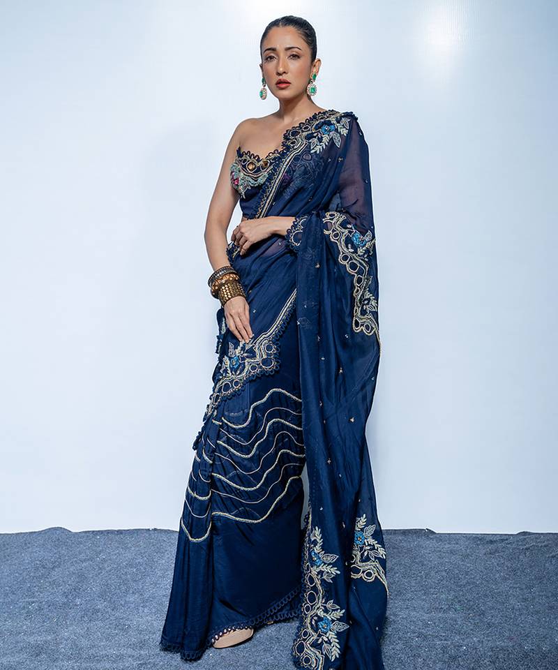 Midnight blue embroidered luxe crepe saree