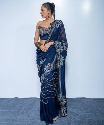 Midnight blue embroidered luxe crepe saree 2