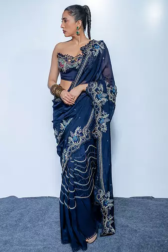 Midnight blue embroidered luxe crepe saree