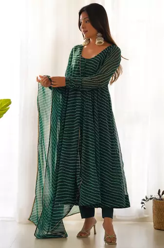 Women faux georgette leheriya print fully flair anrkali ,pant with dupatta