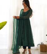 Women faux georgette leheriya print fully flair anrkali ,pant with dupatta