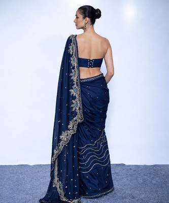 Midnight blue embroidered luxe crepe saree 3