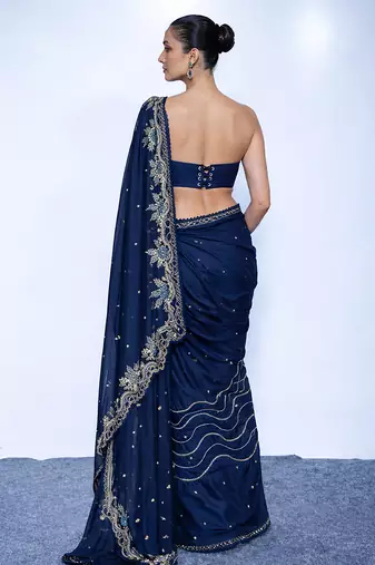 Midnight blue embroidered luxe crepe saree