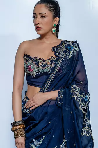 Midnight blue embroidered luxe crepe saree