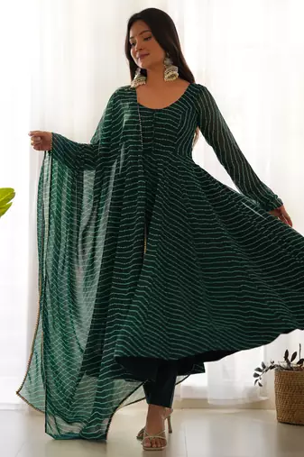 Women faux georgette leheriya print fully flair anrkali ,pant with dupatta