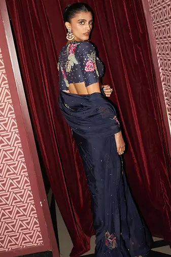 Blue embroidered organza saree