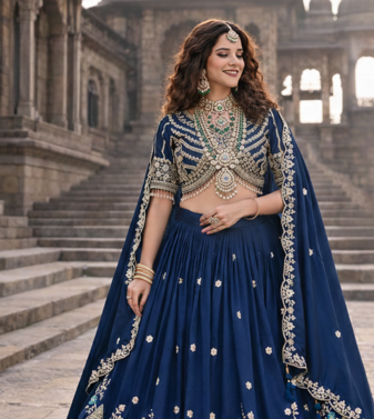 lehenga choli navy blue vichitra zari sequin dupatta