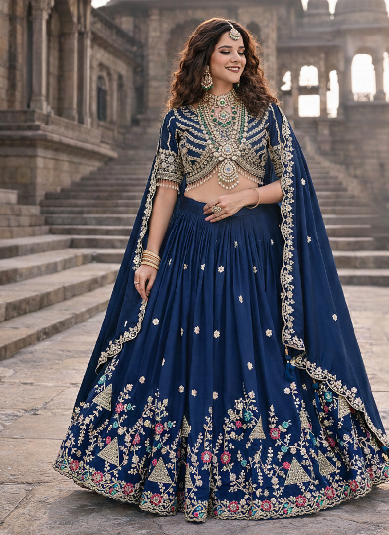 lehenga choli navy blue vichitra zari sequin dupatta