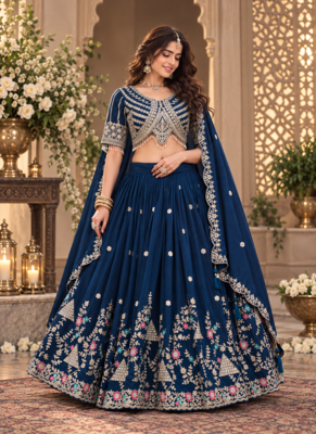 lehenga choli navy blue vichitra zari sequin dupatta 1