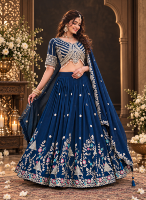 lehenga choli navy blue vichitra zari sequin dupatta 3