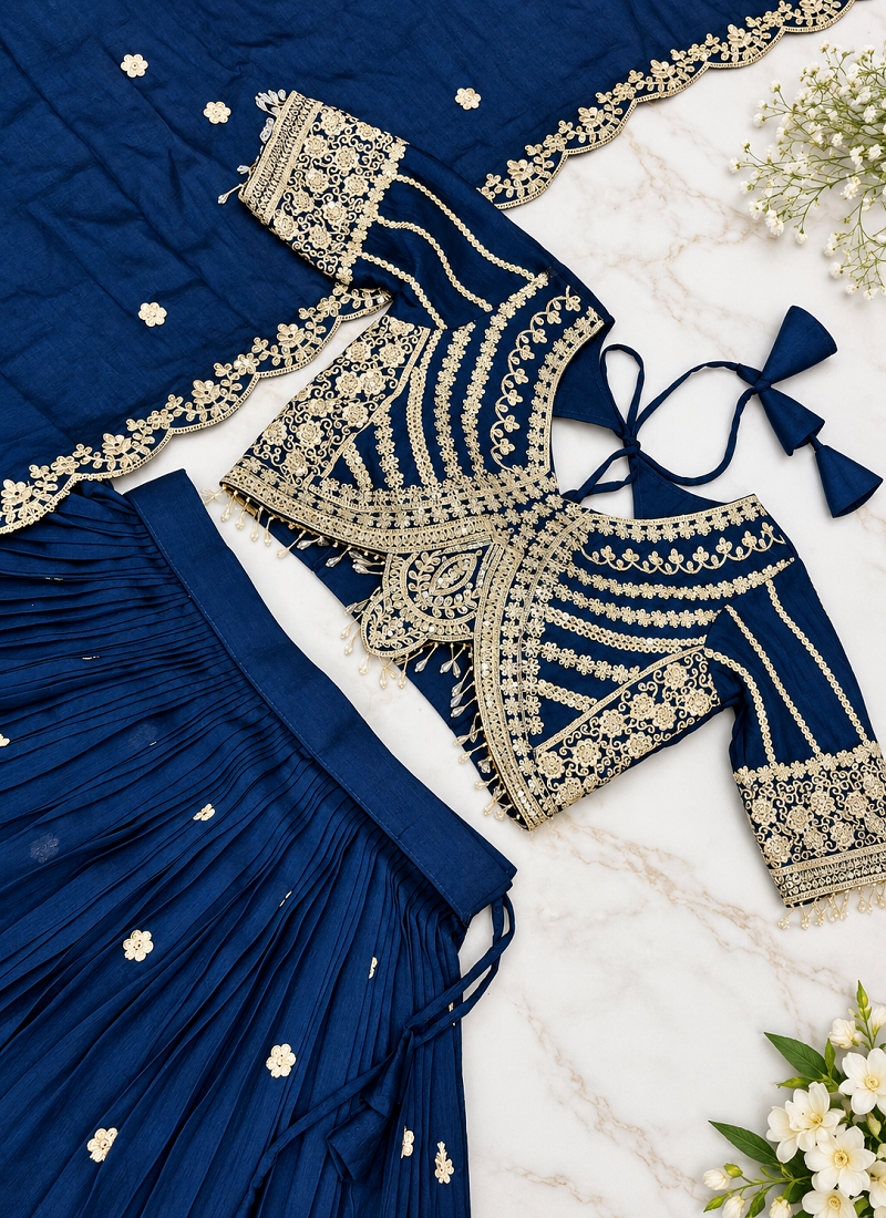 lehenga choli navy blue vichitra zari sequin dupatta
