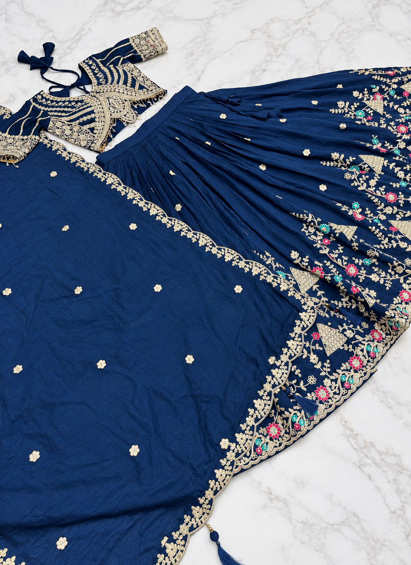 lehenga choli navy blue vichitra zari sequin dupatta