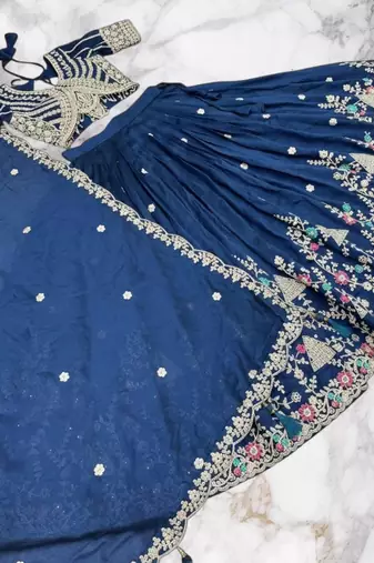 lehenga choli navy blue vichitra zari sequin dupatta