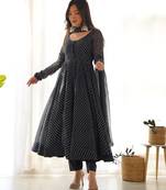 Women faux georgette leheriya print fully flair anrkali ,pant with dupatta