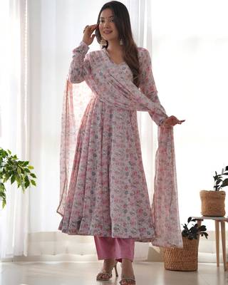 Pink women pure orange chiffon floral print fully flair anarkali ,pant with dupatta 1