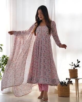 Pink women pure orange chiffon floral print fully flair anarkali ,pant with dupatta 3
