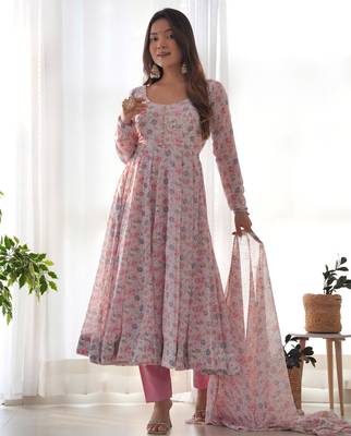 Pink women pure orange chiffon floral print fully flair anarkali ,pant with dupatta 4