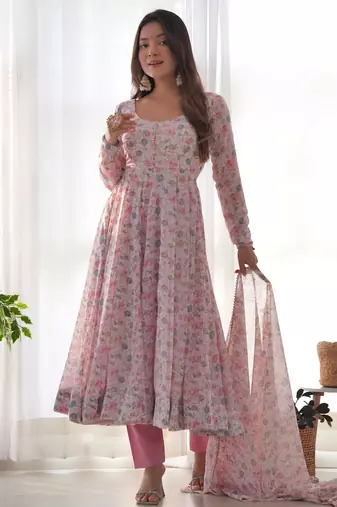 Pink women pure orange chiffon floral print fully flair anarkali ,pant with dupatta