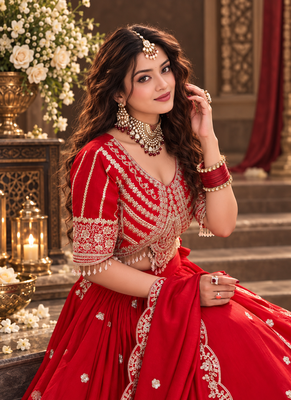 red vichitra lehenga set with cording sequin embroidery 2