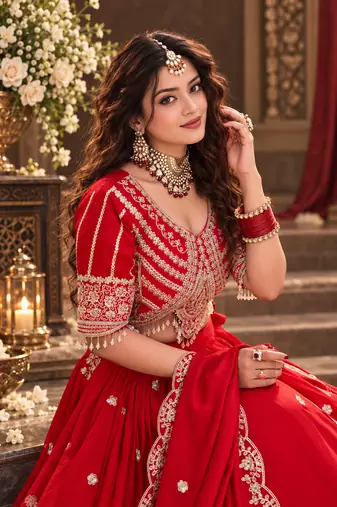 red vichitra lehenga set with cording sequin embroidery