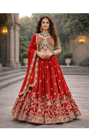 red vichitra lehenga set with cording sequin embroidery 1