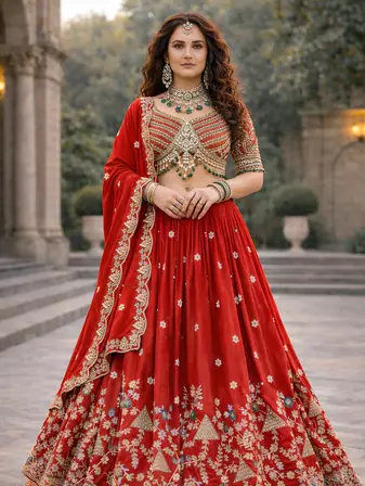 red vichitra lehenga set with cording sequin embroidery