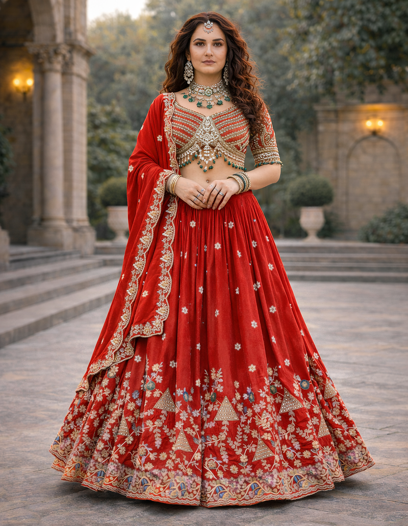 red vichitra lehenga set with cording sequin embroidery