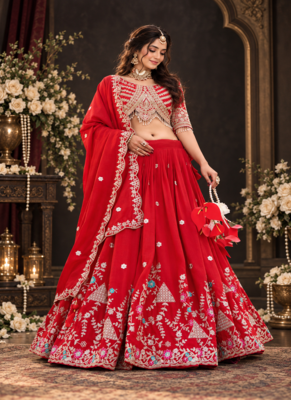 red vichitra lehenga set with cording sequin embroidery 1