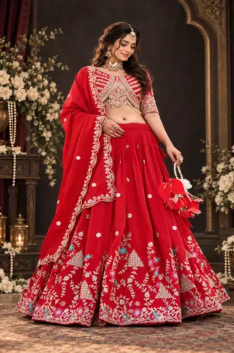 red vichitra lehenga set with cording sequin embroidery