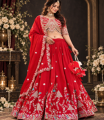 red vichitra lehenga set with cording sequin embroidery